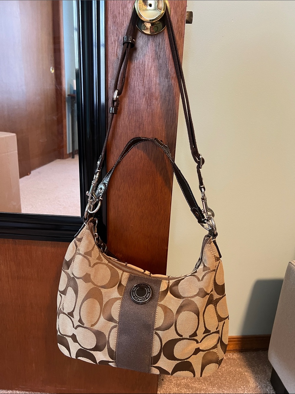 Coach Beige and Brown Signature Shoulder Bag
